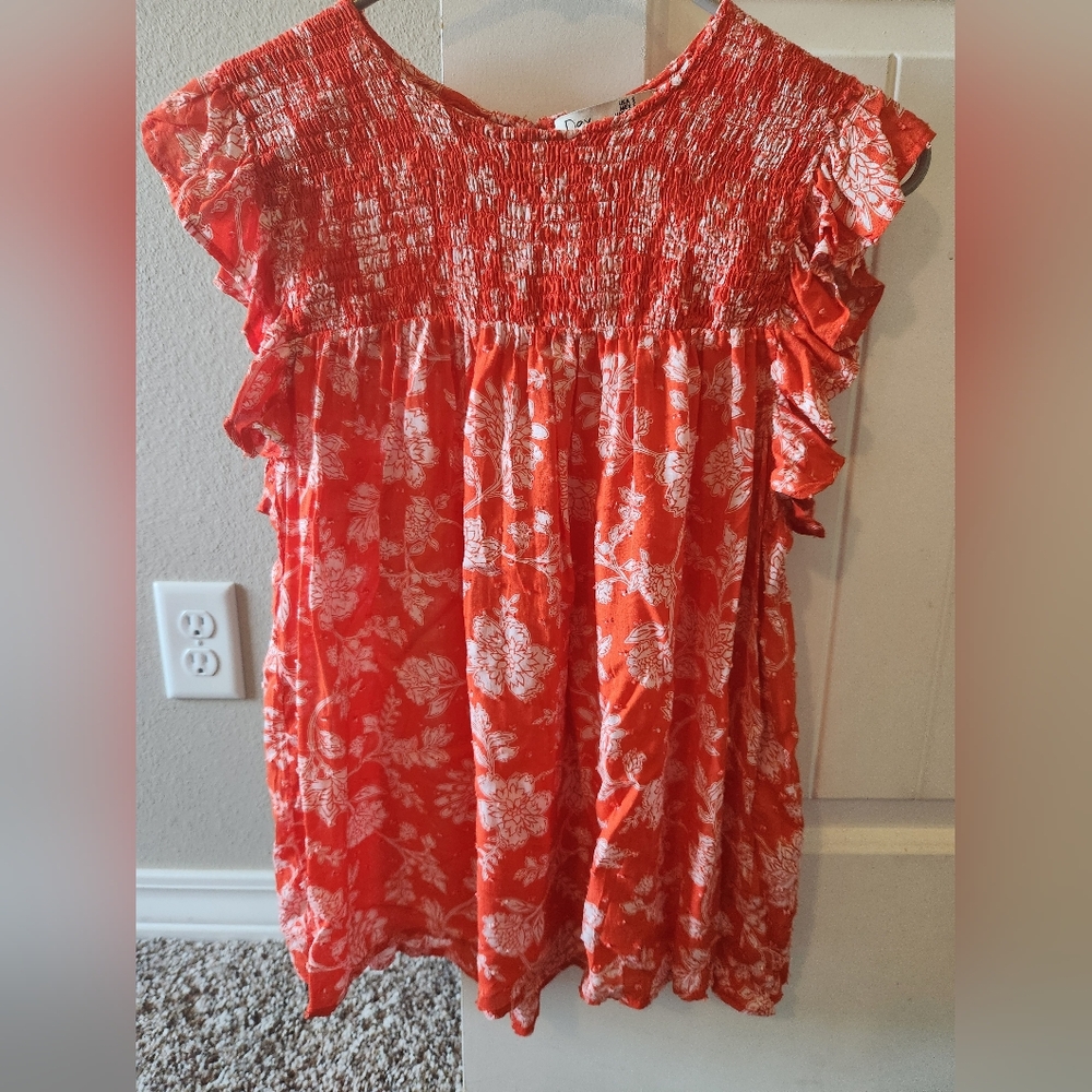 Women's Red Floral Ruffle Sleeve Top